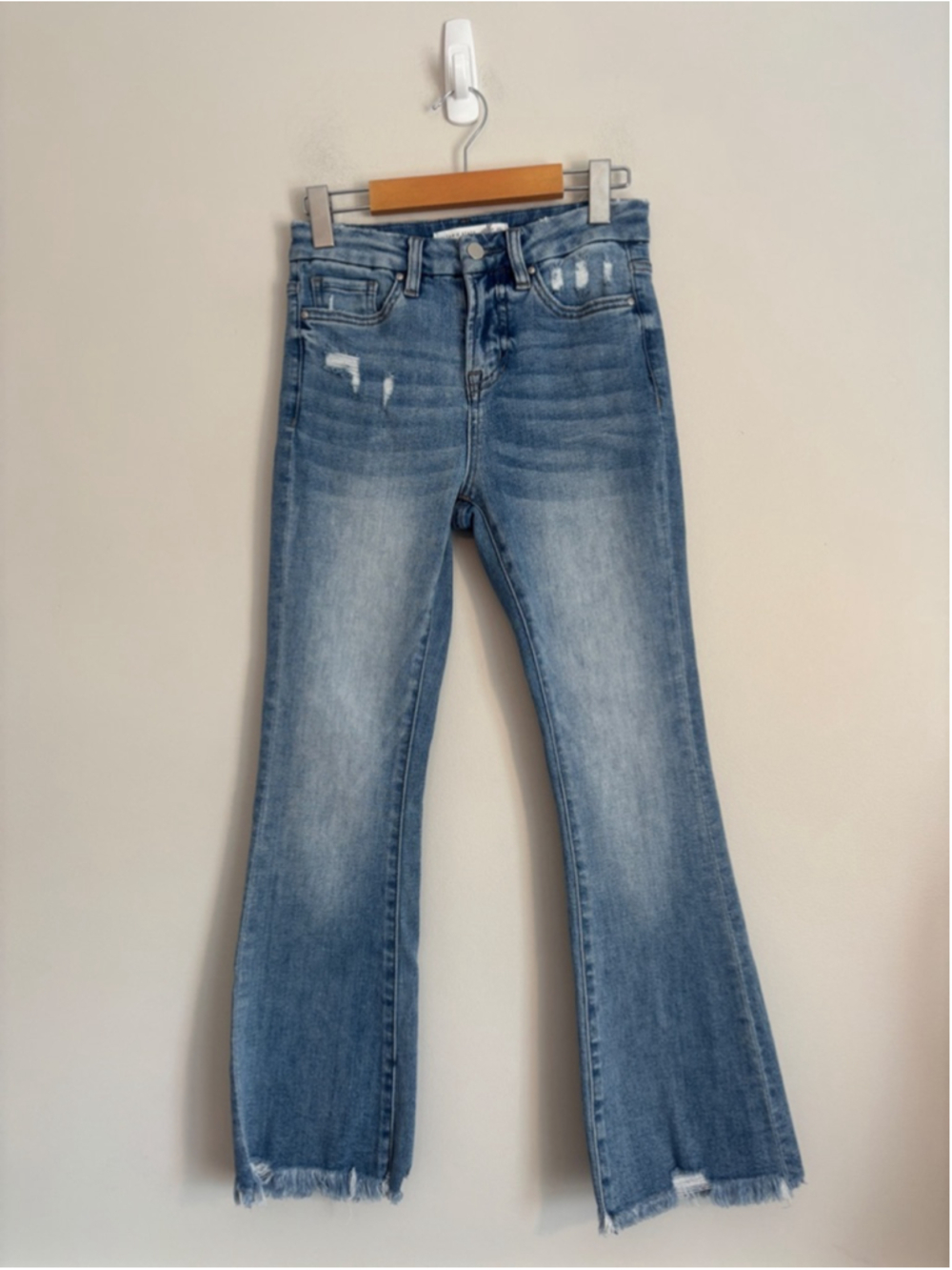 Altar'd State Blue Distressed Flare Raw Hem Jeans Size 24 Boho Indie Festival